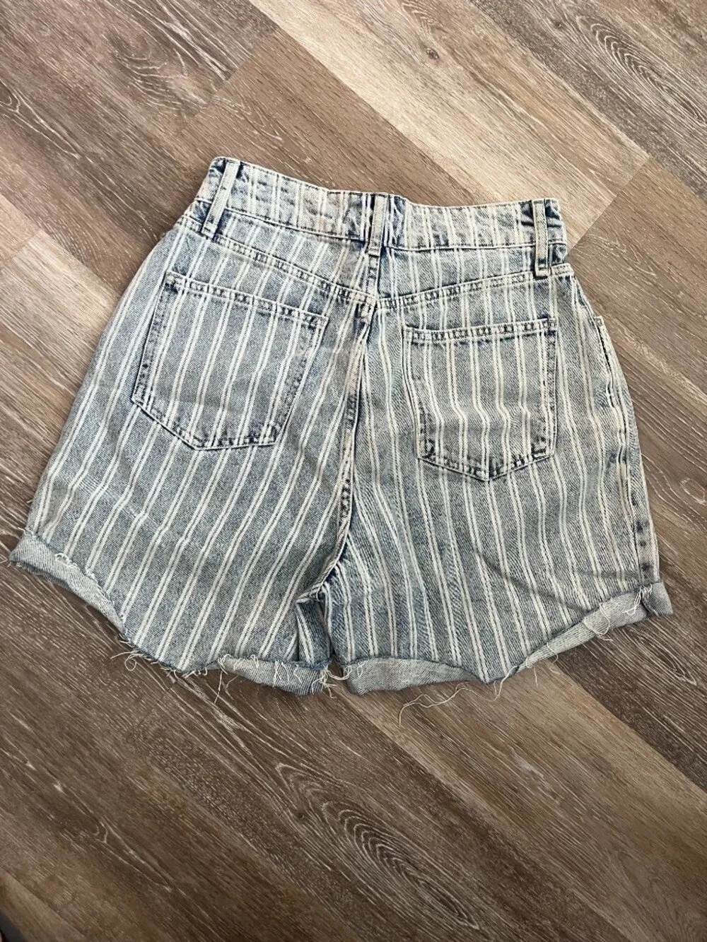 Acid Light Blue Striped Pinstripe High-Waist Distressed Jean Shorts